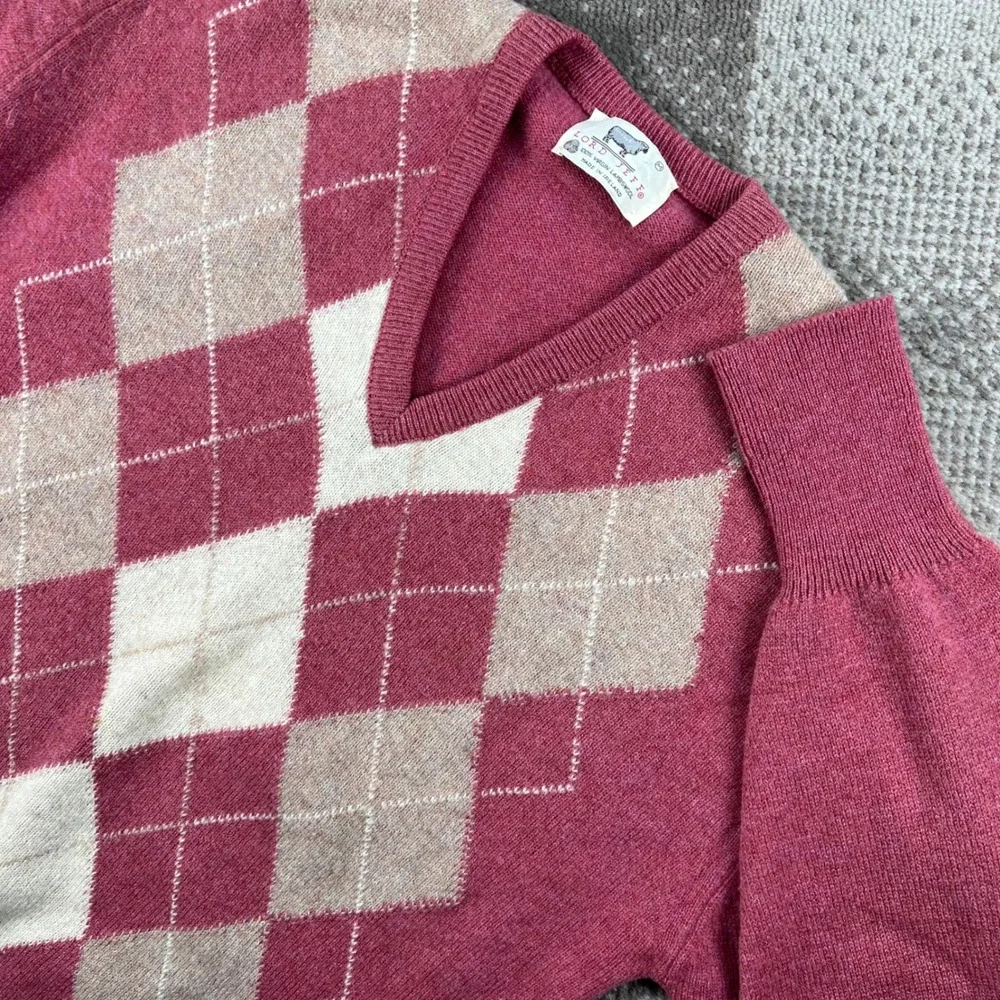 Vintage Lord Jeff Mens M Argyle V-Neck Lambswool Sweater Pink Made in Ireland